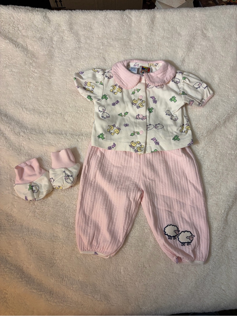 Pink Sheep Print Baby Matching Footie Set with Booties